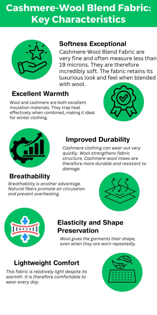 Cashmere-Wool Blend Fabric: Soft, Warm and Durable Guide 3 Cashmere-wool blend fabric infographic highlighting key characteristics like softness, warmth, durability, breathability, and shape preservation.Cashmere-Wool Blend Fabric