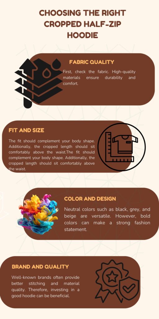 An infographic titled “Choosing the Right Cropped Half-Zip Hoodie.” Four rounded brown panels with icons represent: Fabric Quality (fabric icon), Fit and Size (taped ruler and shirt), Color and Design (colorful paint splashes), and Brand and Quality (award ribbon). Each panel includes a brief tip about selecting a hoodie.