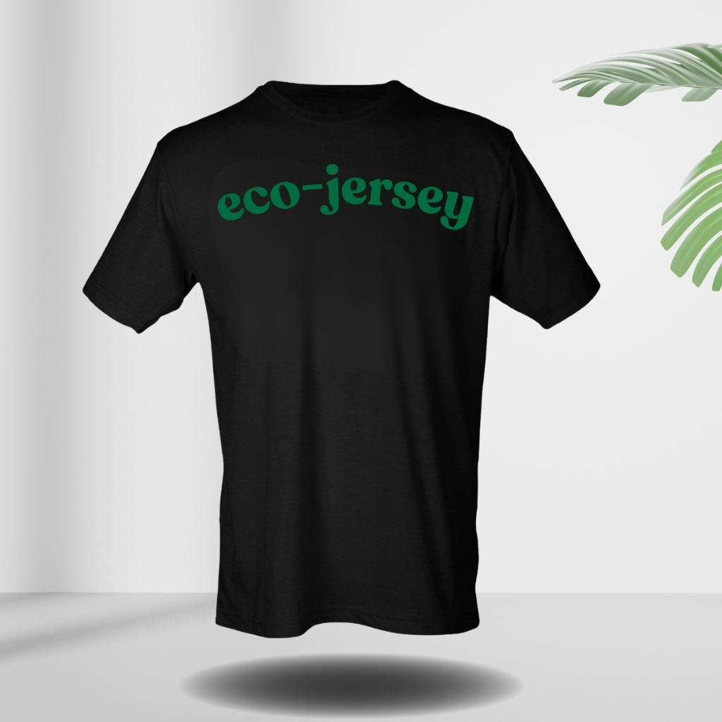 What Is a T-Shirt , Types and Style Guide 10 Black “eco-jersey” t-shirt shown front view on a clean white background.