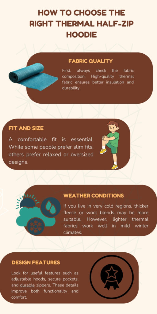 Infographic titled 'How to Choose the Right Thermal Half-Zip Hoodie' with four brown rounded panels. Panel 1: Fabric Quality with a roll of teal fabric; Panel 2: Fit and Size with a person adjusting jeans; Panel 3: Weather Conditions with weather icons and a vehicle motif; Panel 4: Design Features with a circular badge. Each panel lists tips on fabric quality, fit, weather suitability, and features like adjustable hoods and durable zippers.