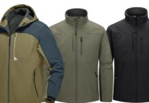 Insulated Softshell Jacket: Lightweight Warm Outdoor Wear Three insulated jackets lined up side by side: a tan and blue color-blocked softshell with a hood on the left, a light olive-green jacket with a zippered chest pocket in the middle, and a black jacket with zippered pockets on the right.