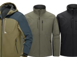 Insulated Softshell Jacket: Lightweight Warm Outdoor Wear Three insulated jackets lined up side by side: a tan and blue color-blocked softshell with a hood on the left, a light olive-green jacket with a zippered chest pocket in the middle, and a black jacket with zippered pockets on the right.
