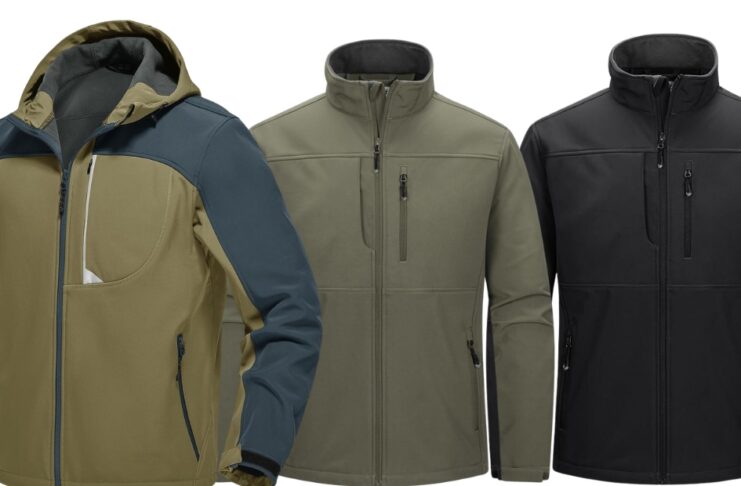 Three insulated jackets lined up side by side: a tan and blue color-blocked softshell with a hood on the left, a light olive-green jacket with a zippered chest pocket in the middle, and a black jacket with zippered pockets on the right.