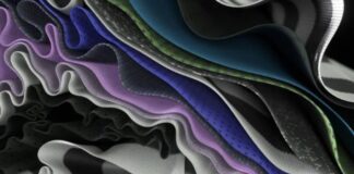 Pro Fit Compression Tech Fabric: Advanced Stretch & Strength Close-up view of multiple layered fabrics in wavy, overlapping folds. Colors include purple, blue, green, and silver, with a mix of mesh-like and smooth textures. Soft, diffused lighting highlights the depth and texture of the folds. ProFit Compression Tech Fabric