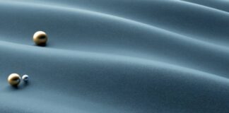 Glacier Cool Performance Fabric: Feel Cool, Stay Comfortable "Three metallic spheres — two gold, one silver — resting on softly rippled blue-gray fabric, symbolizing layered thermal regulation in the Maximum Warmth Winter Coat." Glacier Cool Performance Fabric: