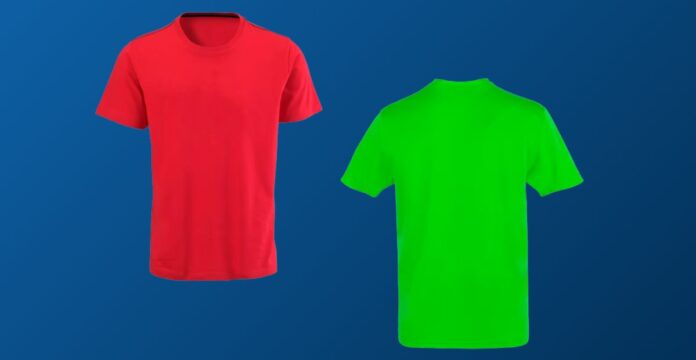 Two plain T-shirts on a dark blue background: a red front-facing shirt on the left and a neon green back-facing shirt on the right.Velocity AirFlow Performance Knit: