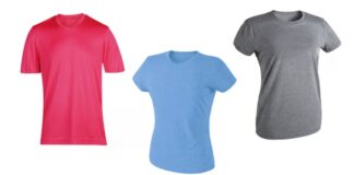 Sports Shirts and Athletic Tops: Ultimate Workout Wear Guide A white background displaying three short-sleeve t-shirts in a row: a vibrant pink t-shirt with a V-neck on the left, a light blue t-shirt with a round neckline in the middle, and a gray t-shirt with a round neckline on the right. Each shirt is unwrinkled and appears to be for sale. Sports Shirts and Athletic Tops: