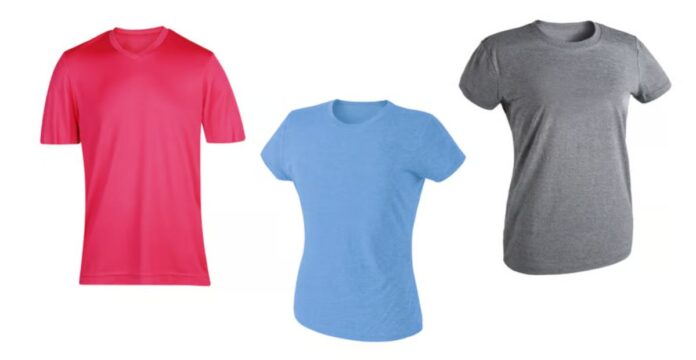 A white background displaying three short-sleeve t-shirts in a row: a vibrant pink t-shirt with a V-neck on the left, a light blue t-shirt with a round neckline in the middle, and a gray t-shirt with a round neckline on the right. Each shirt is unwrinkled and appears to be for sale. Sports Shirts and Athletic Tops: