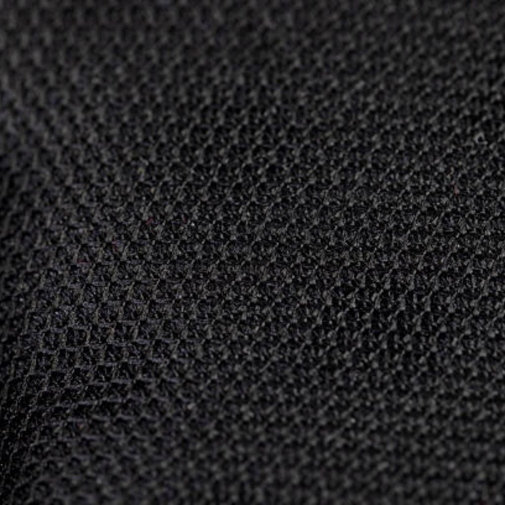 Close-up of a black textured fabric with a tight weave forming small interconnected squares or diamonds; surface appears slightly rough and dimensional.
Air Mesh Pro Performance Fabric: