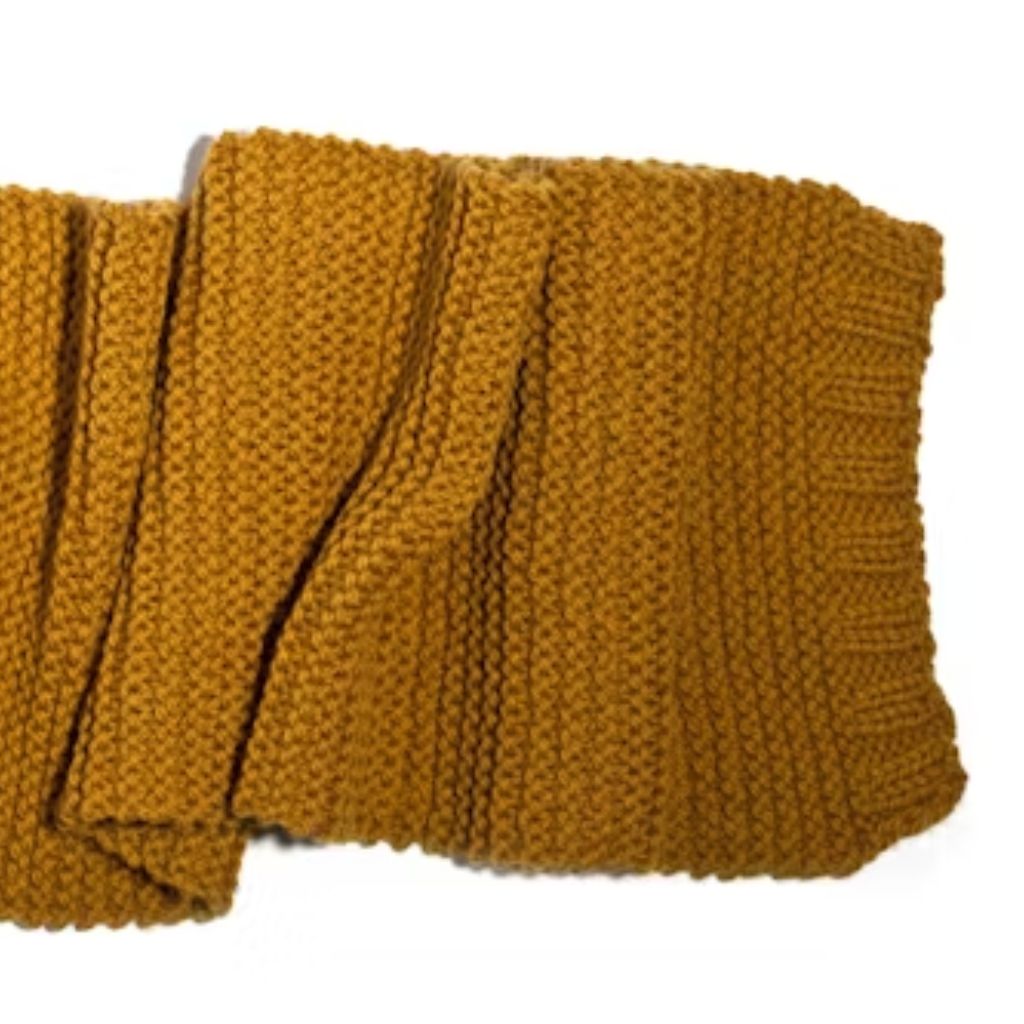 Close-up of a mustard-yellow knitted fabric with a chunky, textured weave and folded sections, showing thick ribbing along edges.
Dry Flow Cooling Knit: