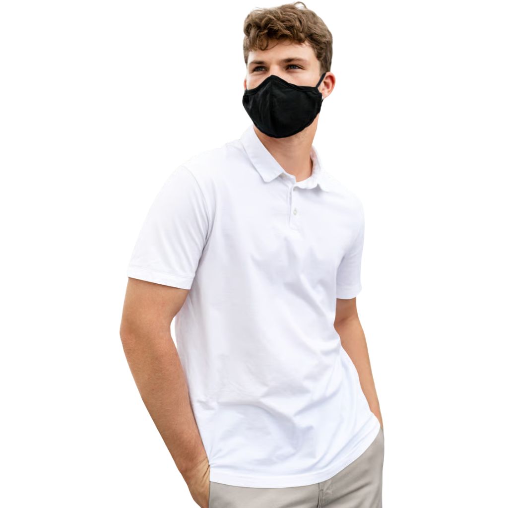 Velocity AirFlow Performance Knit: Breathable Sports Fabric 9 A young man wearing a black face mask and a white polo shirt stands with his hands in his pockets against a white background, looking to the side.
Velocity AirFlow Performance Knit: