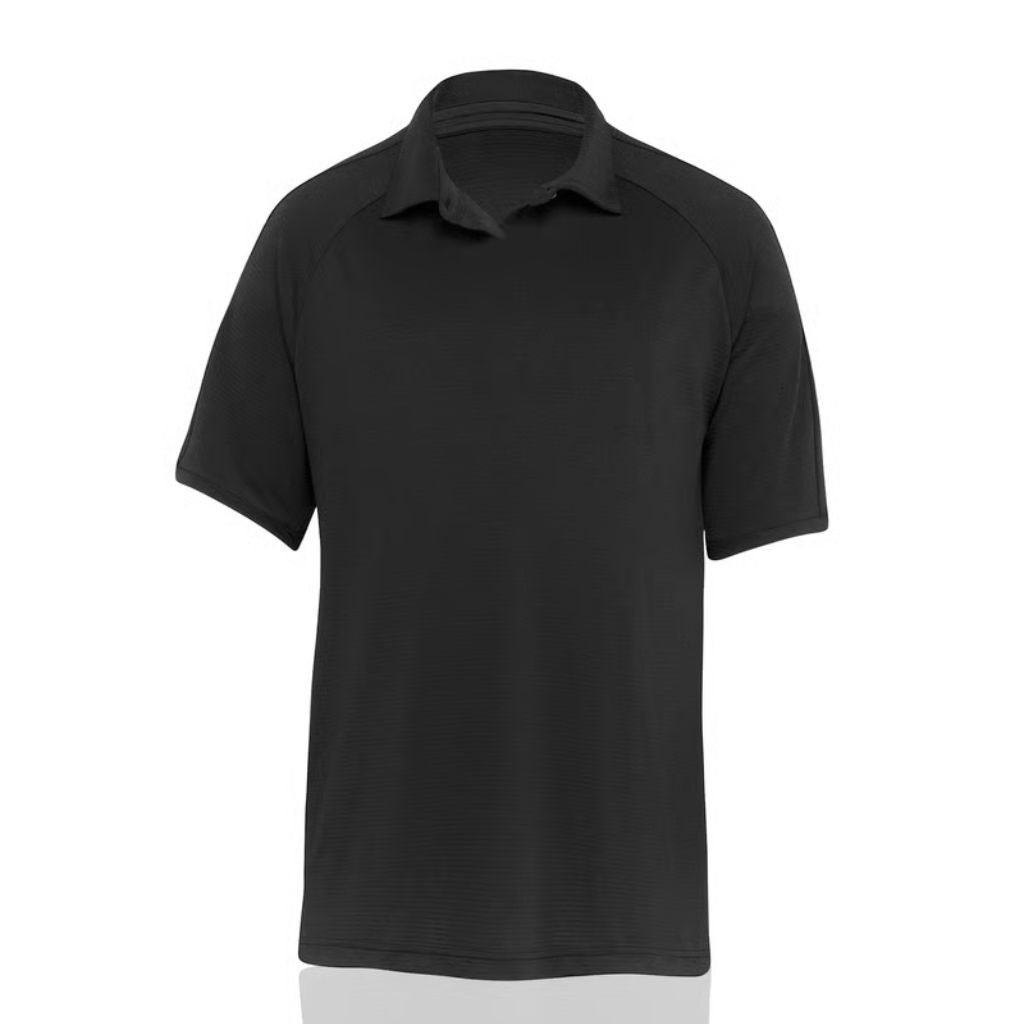 Velocity AirFlow Performance Knit: Breathable Sports Fabric 10 A black short-sleeve polo shirt with a collar and subtle textured fabric, displayed against a white background.
Velocity AirFlow Performance Knit: