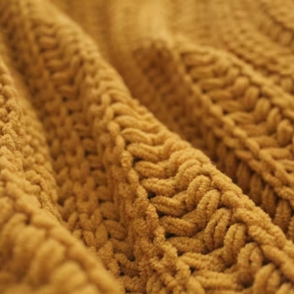 Close-up of mustard-yellow, chunky knit fabric with thick, twisted yarns creating a textured, cable-like pattern.
Dry Flow Cooling Knit: