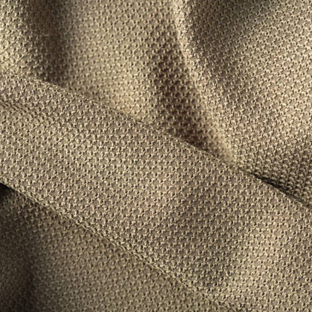 Close-up of a textured fabric with a tight, small-scale waffle or honeycomb knit pattern in a brown-beige color, showing soft folds and shading.
Dry Flow Cooling Knit: