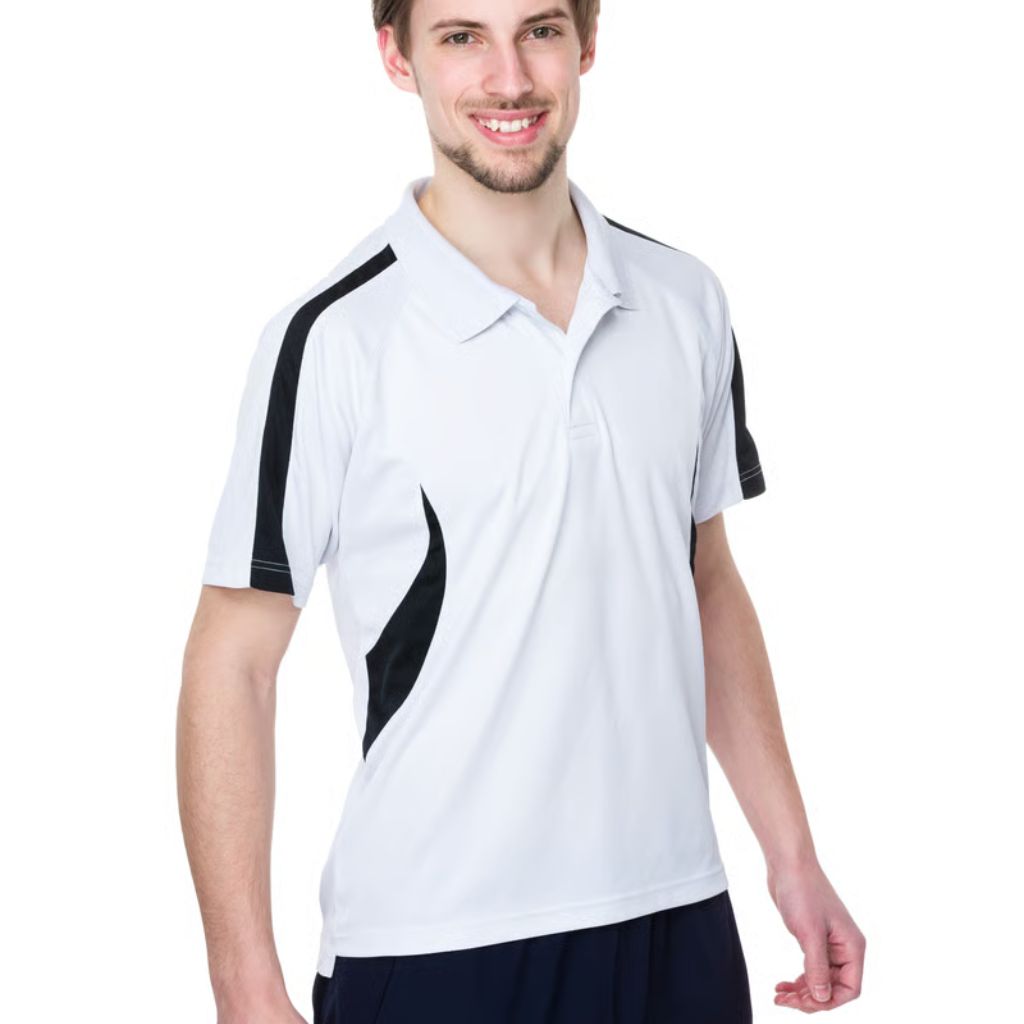 Velocity AirFlow Performance Knit: Breathable Sports Fabric 7 A smiling man wearing a white polo shirt with black accent panels on the sleeves and sides, posing against a white background.
Velocity AirFlow Performance Knit: