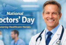 National Doctors’ Day: History, Importance & Celebration National Doctors’ Day banner with a smiling male doctor in a white coat, wearing a stethoscope, in a hospital background; text reads “National Doctors’ Day” and “Honoring Healthcare Heroes. National Doctors’ Day