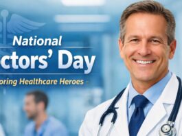 National Doctors’ Day banner with a smiling male doctor in a white coat, wearing a stethoscope, in a hospital background; text reads “National Doctors’ Day” and “Honoring Healthcare Heroes. National Doctors’ Day