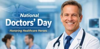 National Doctors’ Day: History, Importance & Celebration National Doctors’ Day banner with a smiling male doctor in a white coat, wearing a stethoscope, in a hospital background; text reads “National Doctors’ Day” and “Honoring Healthcare Heroes. National Doctors’ Day