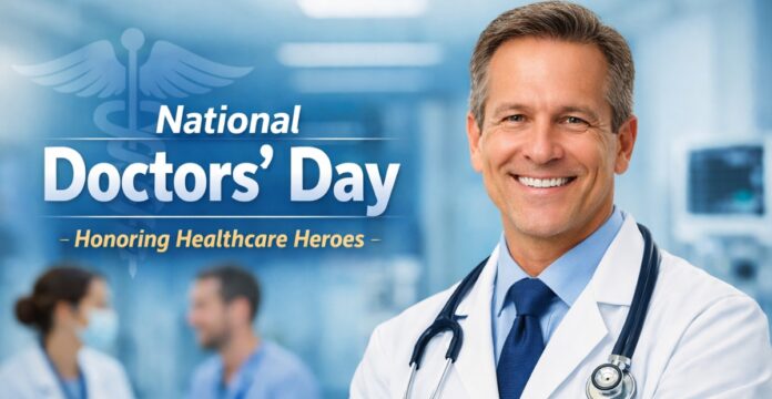 National Doctors’ Day banner with a smiling male doctor in a white coat, wearing a stethoscope, in a hospital background; text reads “National Doctors’ Day” and “Honoring Healthcare Heroes. National Doctors’ Day