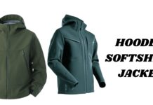 Hooded Softshell Jacket Guide: Comfort, Style & Protection Two jackets shown side by side: a green hooded softshell jacket with zippered pockets on the left, and a dark teal hooded softshell jacket with a front zipper on the right; bold text on the right reads 'HOODED SOFTSHELL JACKET'.