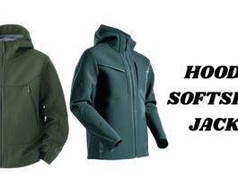Hooded Softshell Jacket Guide: Comfort, Style & Protection Two jackets shown side by side: a green hooded softshell jacket with zippered pockets on the left, and a dark teal hooded softshell jacket with a front zipper on the right; bold text on the right reads 'HOODED SOFTSHELL JACKET'.