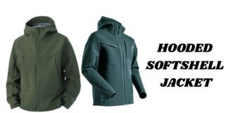Hooded Softshell Jacket Guide: Comfort, Style & Protection Two jackets shown side by side: a green hooded softshell jacket with zippered pockets on the left, and a dark teal hooded softshell jacket with a front zipper on the right; bold text on the right reads 'HOODED SOFTSHELL JACKET'.