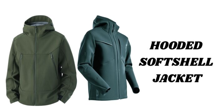 Two jackets shown side by side: a green hooded softshell jacket with zippered pockets on the left, and a dark teal hooded softshell jacket with a front zipper on the right; bold text on the right reads 'HOODED SOFTSHELL JACKET'.