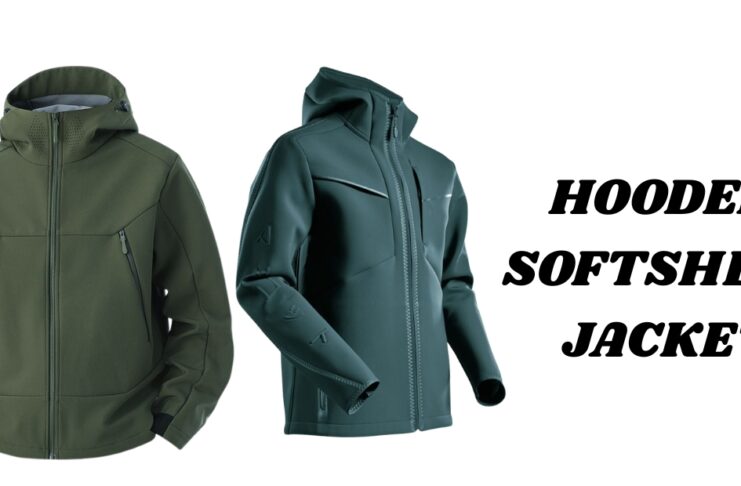 Two jackets shown side by side: a green hooded softshell jacket with zippered pockets on the left, and a dark teal hooded softshell jacket with a front zipper on the right; bold text on the right reads 'HOODED SOFTSHELL JACKET'.