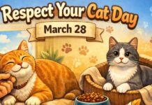 Respect Your Cat Day – Meaning, History, & How to Celebrate Respect Your Cat Day banner showing two cats—an orange cat being petted by a hand and a black-and-white cat sitting in a blanket bed—above a ribbon that reads “March 28,” with paw-print icons in the background and a bowl of cat food between them. Respect Your Cat Day