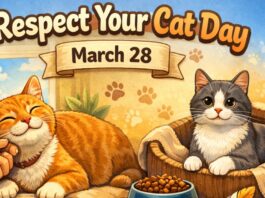 Respect Your Cat Day banner showing two cats—an orange cat being petted by a hand and a black-and-white cat sitting in a blanket bed—above a ribbon that reads “March 28,” with paw-print icons in the background and a bowl of cat food between them. Respect Your Cat Day