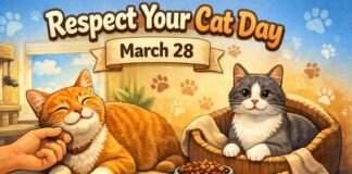 Respect Your Cat Day – Meaning, History, & How to Celebrate Respect Your Cat Day banner showing two cats—an orange cat being petted by a hand and a black-and-white cat sitting in a blanket bed—above a ribbon that reads “March 28,” with paw-print icons in the background and a bowl of cat food between them. Respect Your Cat Day