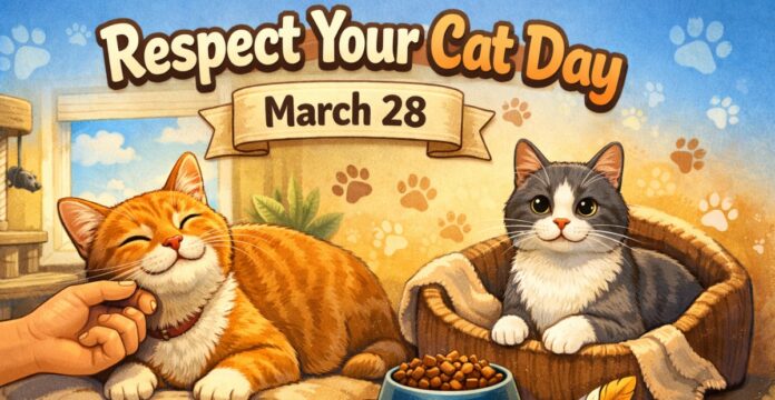 Respect Your Cat Day banner showing two cats—an orange cat being petted by a hand and a black-and-white cat sitting in a blanket bed—above a ribbon that reads “March 28,” with paw-print icons in the background and a bowl of cat food between them. Respect Your Cat Day