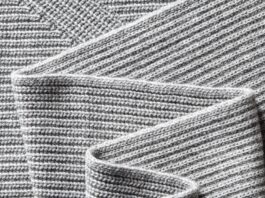 Ribbed Pure Cashmere Fabric Close-up of a folded gray ribbed cashmere fabric with thick yarn and visible knit texture.