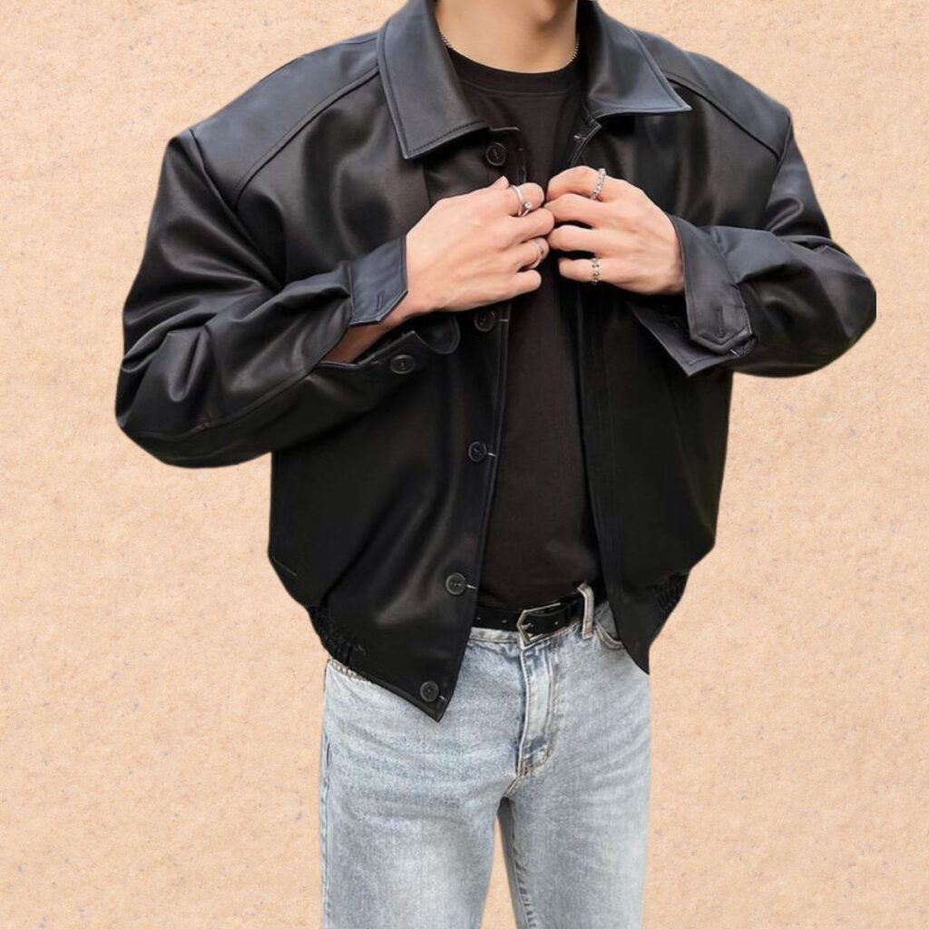 Royal Storm Leather Jacket for Modern Rebel Fashion 6 A sleek Royal Storm Leather Jacket in black leather with structured shoulders and a modern silhouette.