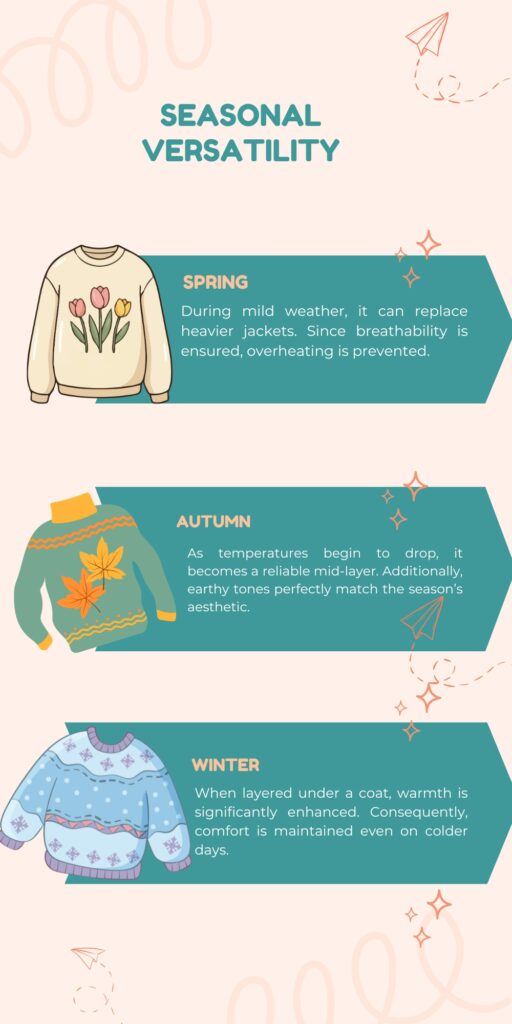 Infographic titled 'Seasonal Versatility' showing three sweaters for Spring, Autumn, and Winter. Spring sweater with tulip motif; Autumn sweater with leaf motif; Winter sweater with snowflake motif. Each panel includes a brief description of layering benefits.