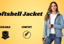 Softshell Jacket: Ultimate Comfort for Active Outdoor Life A woman wearing a light blue softshell jacket, white sweater, and jeans stands against a yellow gradient background. The text “Softshell Jacket” is displayed on the left, with icons and labels “Durable” and “Comfort” beneath.