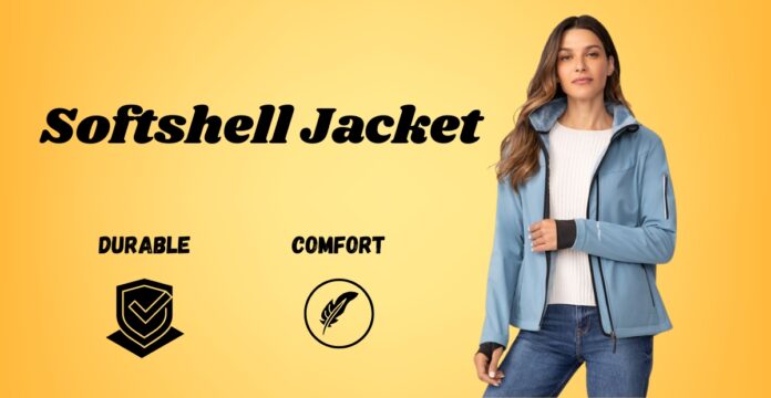 A woman wearing a light blue softshell jacket, white sweater, and jeans stands against a yellow gradient background. The text “Softshell Jacket” is displayed on the left, with icons and labels “Durable” and “Comfort” beneath.