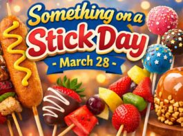 “Something on a Stick Day” banner showing kebabs, strawberries, and a caramel popcorn apple on sticks, with a ribbon that reads “March 28. Something on a Stick Day