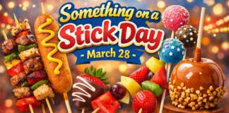 Something on a Stick Day – Fun Food Holiday Ideas & Recipes “Something on a Stick Day” banner showing kebabs, strawberries, and a caramel popcorn apple on sticks, with a ribbon that reads “March 28. Something on a Stick Day