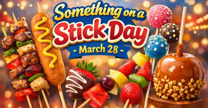 “Something on a Stick Day” banner showing kebabs, strawberries, and a caramel popcorn apple on sticks, with a ribbon that reads “March 28. Something on a Stick Day