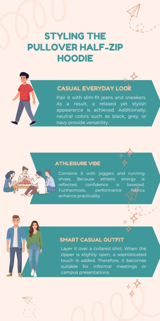 Styling guide for a pullover half-zip hoodie. Sectioned teal banners show three outfits: Casual Everyday Look with jeans and sneakers; Athleisure Vibe with joggers and running shoes; Smart Casual Outfit with a shirt layered underneath. Cartoon-style illustrations accompany each look