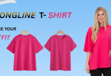 Longline T-Shirts for Girls: Effortless Style Meets Modern Comfort Model wearing a pink longline T-shirt with a promotional banner reading “LONG LINE T-SHIRT” and “Redefine Your Outfit.”