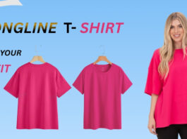 Model wearing a pink longline T-shirt with a promotional banner reading “LONG LINE T-SHIRT” and “Redefine Your Outfit.”