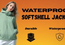 Waterproof Softshell Jacket: Best Choice for Outdoor Gear A model wearing a light green waterproof softshell jacket against an orange gradient background. The jacket has a high collar and front zipper with pockets at the sides.