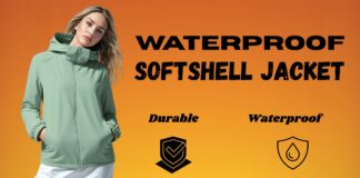Waterproof Softshell Jacket: Best Choice for Outdoor Gear A model wearing a light green waterproof softshell jacket against an orange gradient background. The jacket has a high collar and front zipper with pockets at the sides.