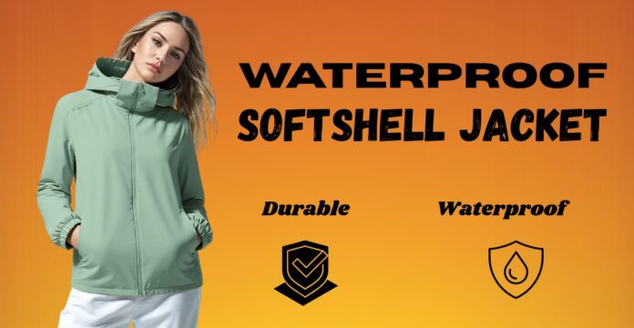 A model wearing a light green waterproof softshell jacket against an orange gradient background. The jacket has a high collar and front zipper with pockets at the sides.