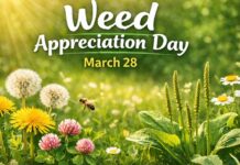 Weed Appreciation Day – Benefits, Meaning & How to Celebrate Weed Appreciation Day poster for March 28 with a meadow background, dandelions and other wildflowers, and a bee flying among plants. Weed Appreciation Day