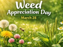 Weed Appreciation Day poster for March 28 with a meadow background, dandelions and other wildflowers, and a bee flying among plants. Weed Appreciation Day