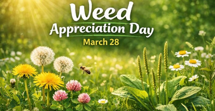 Weed Appreciation Day poster for March 28 with a meadow background, dandelions and other wildflowers, and a bee flying among plants. Weed Appreciation Day