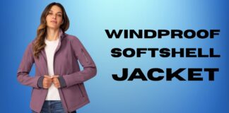 Windproof Softshell Jacket: Best Outdoor Protection Guide Woman wearing a mauve windproof softshell jacket, standing against a blue gradient background.
